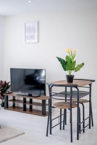 uma mesa e uma cadeira com um vaso de plantas sobre ela em Modern Studio Apartment Kings Lynn em King's Lynn