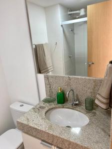 a bathroom with a sink and a toilet and a mirror at AP822 ar condicionado piscina academia coworking etc in Juiz de Fora