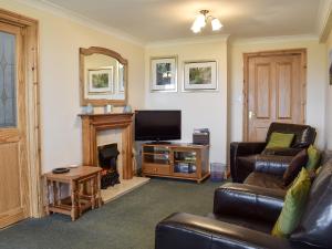 a living room with a couch and a television at Penybryn in Llansadwrn