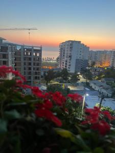 a view of a city with buildings and flowers at Marina Appartamenti in Vlorë