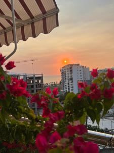 ヴロラにあるMarina Appartamentiのピンクの花が咲くバルコニーから夕日を望めます。