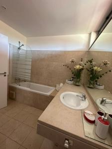 uma casa de banho com um lavatório e uma banheira em Residence Golf-Vilamoura! em Quarteira