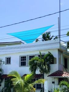 a white house with palm trees in front of it at Casa Coccoloba in San Pedro