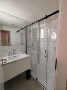 a bathroom with a sink and a glass shower at Chalet im Gus - Flumserberge & Walensee in Oberterzen