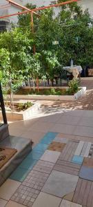 un jardín con azulejos de colores en el suelo y árboles en Sanos GardenApartament, en Sarandë