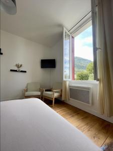 una camera da letto con un letto e una grande finestra di Charmant Studio Pyrénéen a Pierrefitte-Nestalas