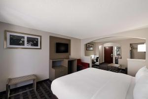 a hotel room with a white bed and a television at Quality Inn & Suites Irving DFW Airport South in Irving