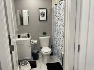 a bathroom with a toilet and a shower curtain at Cozy basement suite in Calgary