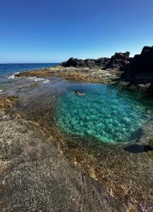 uma piscina de água cristalina numa praia rochosa em Apartamento BLUE OCEAN Complex Amaya Fuerteventura em Costa de Antigua
