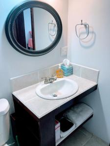 baño con lavabo y espejo en la pared en Casa Coccoloba, en San Pedro