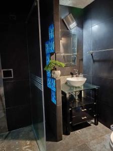 y baño con lavabo y ducha. en habitaciones disponibles en una casa en el norte de la ciudad, a 5 minutos del portal norte, en Bogotá