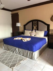 a bedroom with a large bed with blue sheets at Hotel Boutique Villas Segovia Cozumel in Cozumel +137 photos