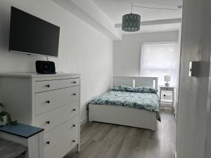 a bedroom with a bed and a dresser with a tv at High Barnet Studio Flat in Barnet