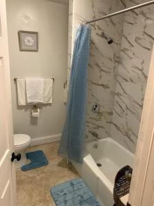 a bathroom with a shower and a tub and a toilet at Spacious 2nd floor split level with scenic views of Gloucester in Gloucester
