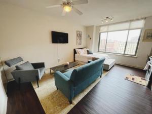 Charming Studio in Downtown Silver Spring MD في سيلفر سبرينغ: غرفة معيشة مع أريكة وتلفزيون