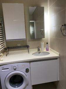 ein Badezimmer mit einer Waschmaschine und einem Waschbecken in der Unterkunft Ikon Suit in Istanbul