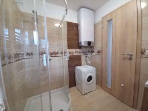 a bathroom with a shower and a washing machine at Apartment in Balatonlelle 45321 in Balatonlelle