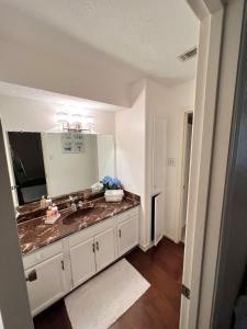 a bathroom with a sink and a mirror at Spacious 2 Bedroom Townhome/ /15 min from downtown in Houston