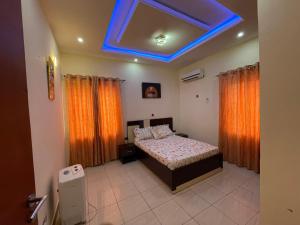 a bedroom with a bed and a blue ceiling at Lovadek Spacious Apartment in Lagos