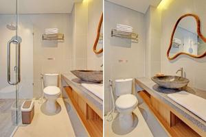 two pictures of a bathroom with two toilets and a sink at Capital O 92987 Keenan Living Perumnas in Yogyakarta