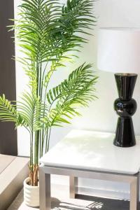 une table blanche avec une plante et une lampe sur elle dans l'établissement Prima Tower, à Melbourne 42 autres photos