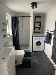 a bathroom with a toilet and a washing machine at The Little Lodge - seaside town of Penarth nr Cardiff in Penarth