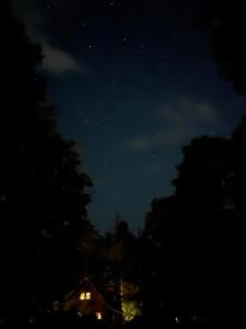 a starry night with a house and trees at Origami Chalet With open Air bath in Hakuba
