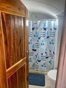 y baño con aseo y cortina de ducha. en CasaBus beautiful bus dept. 50m from beach, en Santa Cruz