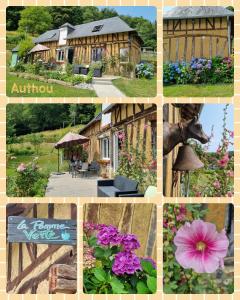 uma colagem de fotos de uma casa e flores em La Pomme Verte em Authou