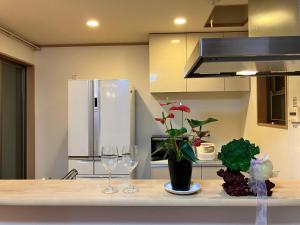 - une cuisine avec 2 verres à vin sur un comptoir dans l'établissement 新規OPEN8割！1棟貸切・10名可能！秋葉原まで13分、新宿まで32分／スカイツリー近く, à Tokyo