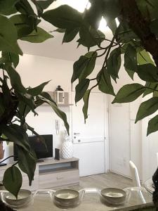 Una habitación con dos cuencos sobre una mesa con una planta. en FamilyBO Apartments Bologna Delight - front station, en Bolonia