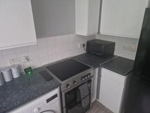 伍德福德格林的住宿－Immaculate 1-Bed Apartment in Woodford Green，厨房配有炉灶和微波炉。