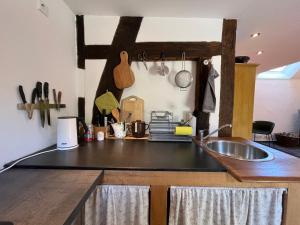 a kitchen with a sink and a counter top at grün in grün in Detmold