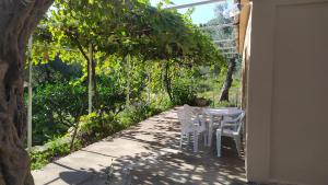 een patio met witte stoelen, een tafel en bomen bij Olive House in Petrovac na Moru