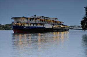 statek wycieczkowy na wodzie w pobliżu mostu w obiekcie Aquamarina Hotel Visegrád w mieście Wyszehrad
