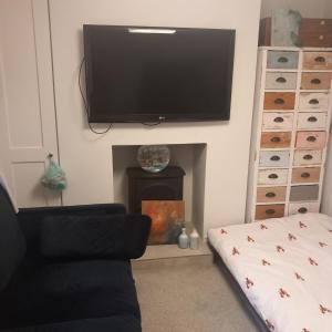 a living room with a tv above a fireplace at Hideaway cottage - Studio ground floor with toilet and sink in Sandgate