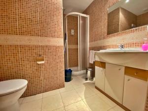 een badkamer met een toilet, een wastafel en een douche bij Pleta de Soldeu 345 hasta 4 personas. in Canillo