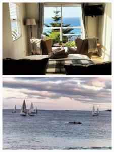 two pictures of a living room with boats in the water at De La Hilcremat in Simonʼs Town