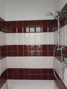 y baño con ducha y azulejos marrones y blancos. en A casa da Pier, en Parma