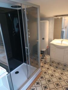 un bagno con doccia e lavandino di Charmante maison en pierres a Sainte-Radégonde-des-Noyers