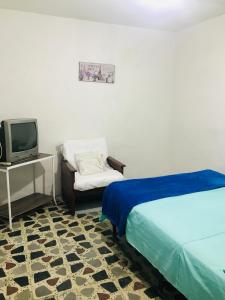 1 dormitorio con 1 cama, TV y silla en hostal la 18, en Pereira
