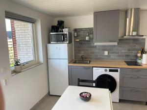 a kitchen with a white refrigerator and a sink at Vik Österlen in Simrishamn