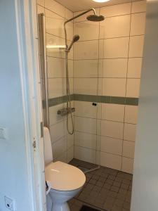 La salle de bains est pourvue d'une douche et de toilettes. dans l'établissement Vik Österlen, à Simrishamn