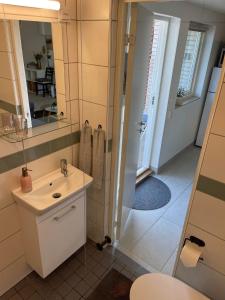 a bathroom with a sink and a toilet and a mirror at Vik Österlen in Simrishamn