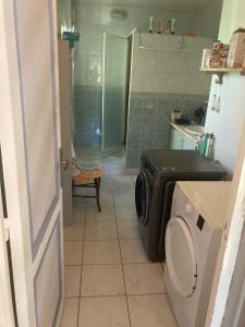 a bathroom with a shower and a washing machine at Chez Christine et Claude in Neufmontiers-lès-Meaux