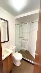 馬尼薩萊斯的住宿－Av santander Apartaestudio premium，一间带卫生间和玻璃淋浴间的浴室