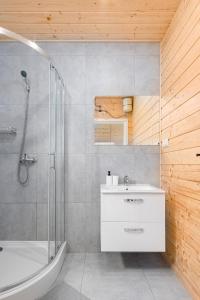a bathroom with a shower and a sink and a tub at Siedlisko Jantar Resort&Spa in Jantar