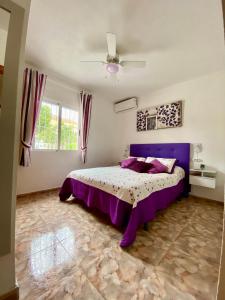 トレビエハにあるラ シエスタのベッドルーム1室(紫色のベッド1台、天井付)