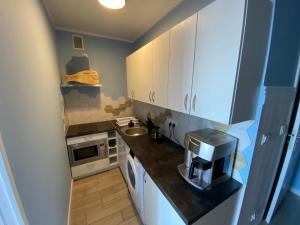 a small kitchen with white cabinets and a microwave at Little White Frog in Szczecin