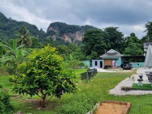 a garden with a house and a mountain in the background at Tambun Hillview Cottage 2 in Ipoh